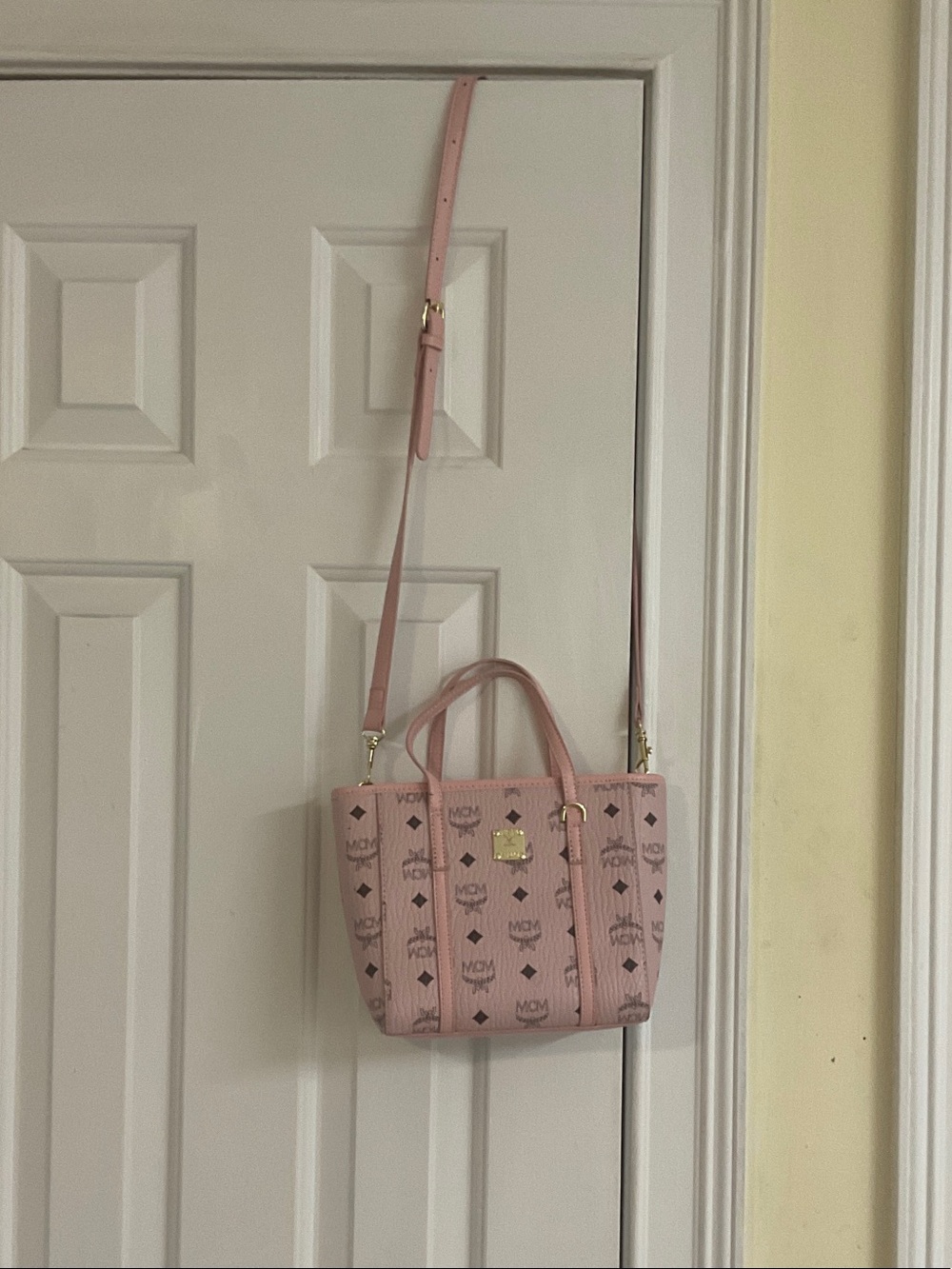 MCM Pink Monogram Mini Tote with Detachable Strap
